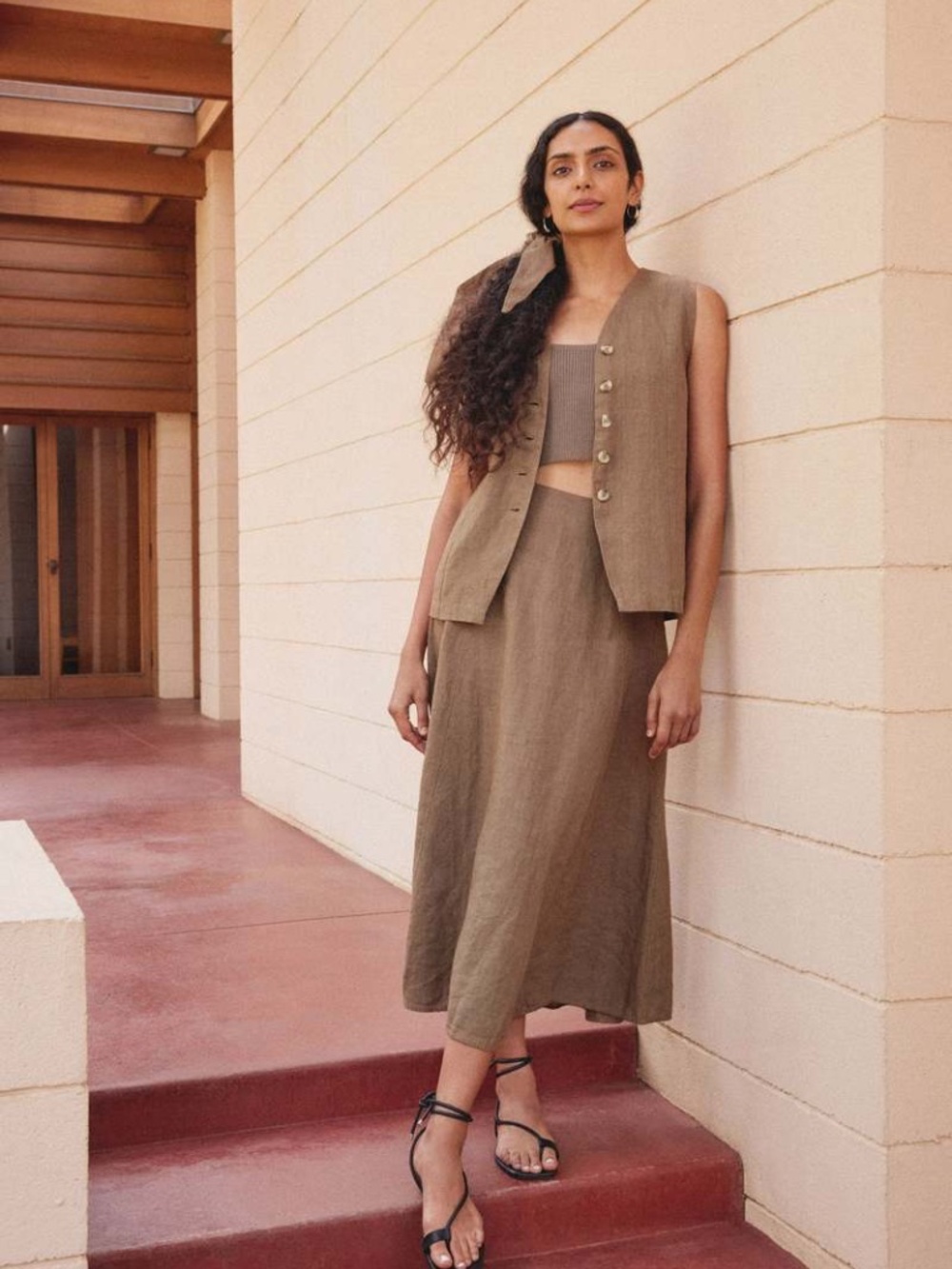 First Rite Linen Vest Tank in Cocoa, Size S